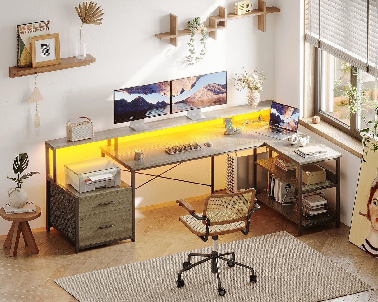 ODK L Shaped Desk with File Drawer, 75" Reversible L Shaped Computer Desk with Power Outlet & LED Strip, Office Desk with Storage Shelves, Gaming Desk with Monitor Shelf, Corner Desk, Grey Oak