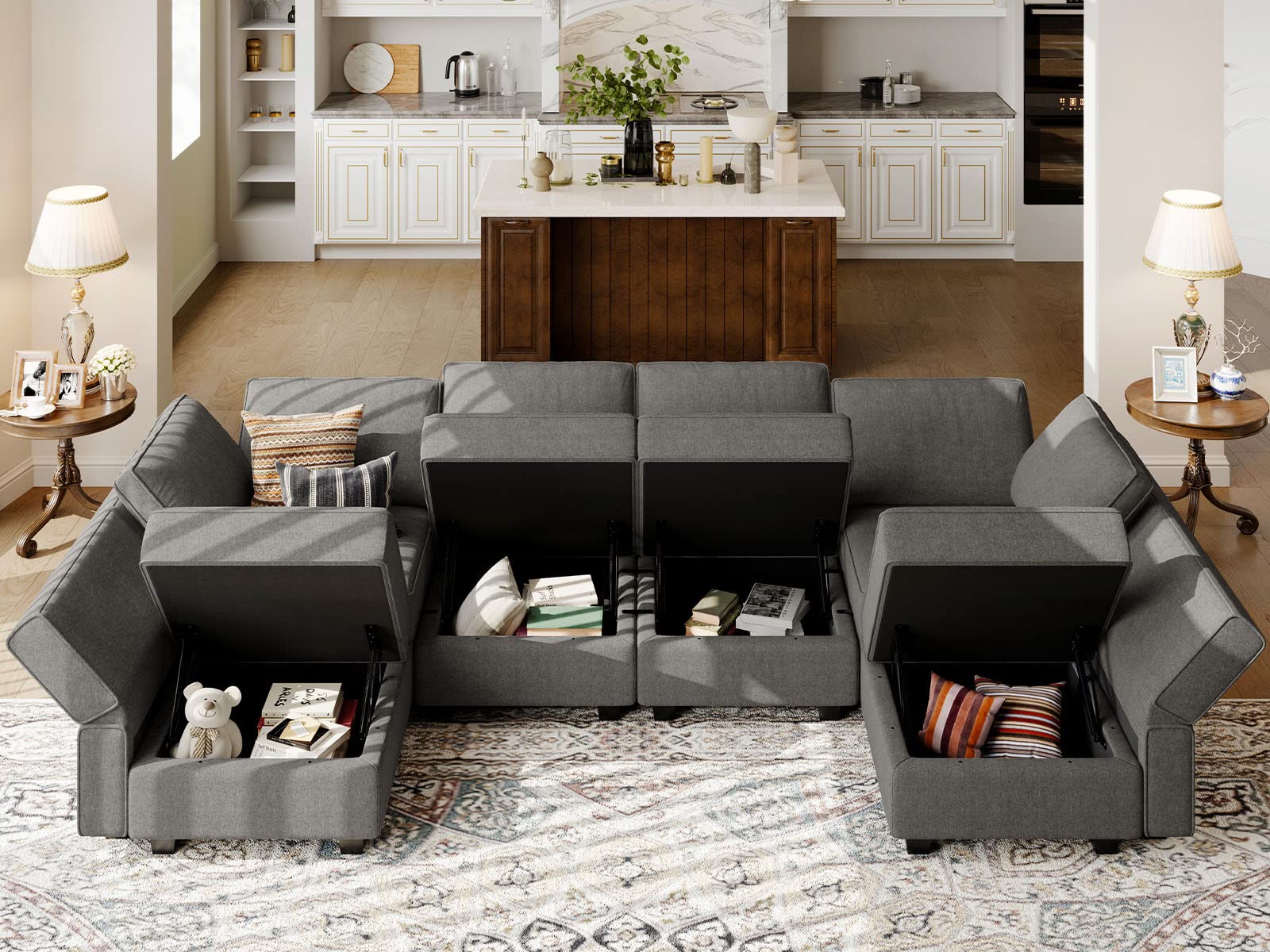 Shaped Couch Modular Sofa Reversible Storage Ottoman Sofa