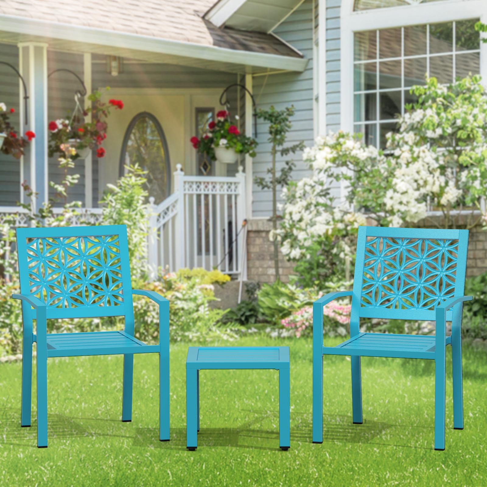3-Piece Outdoor Bistro Set, Stackable Modern Metal Steel Table and Chairs