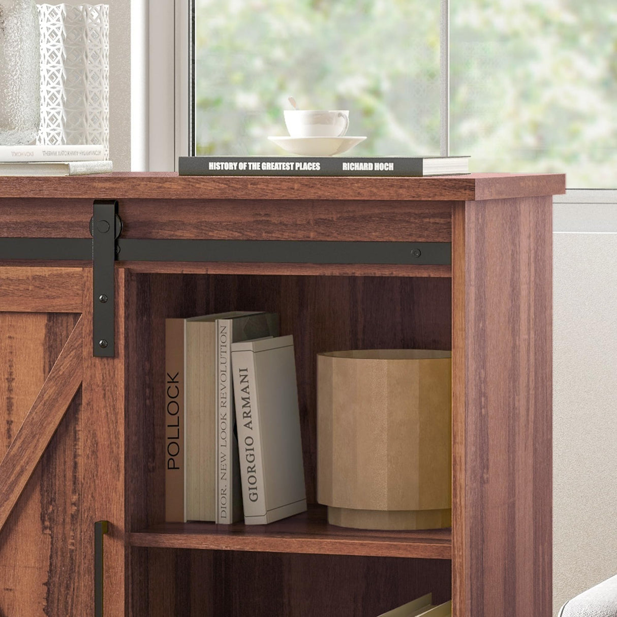 Farmhouse Coffee Bar Cabinet, 33" Buffet Sideboard with Sliding Barn Door and Adjustable Shelf, Kitchen Buffet Cabinet, Brown