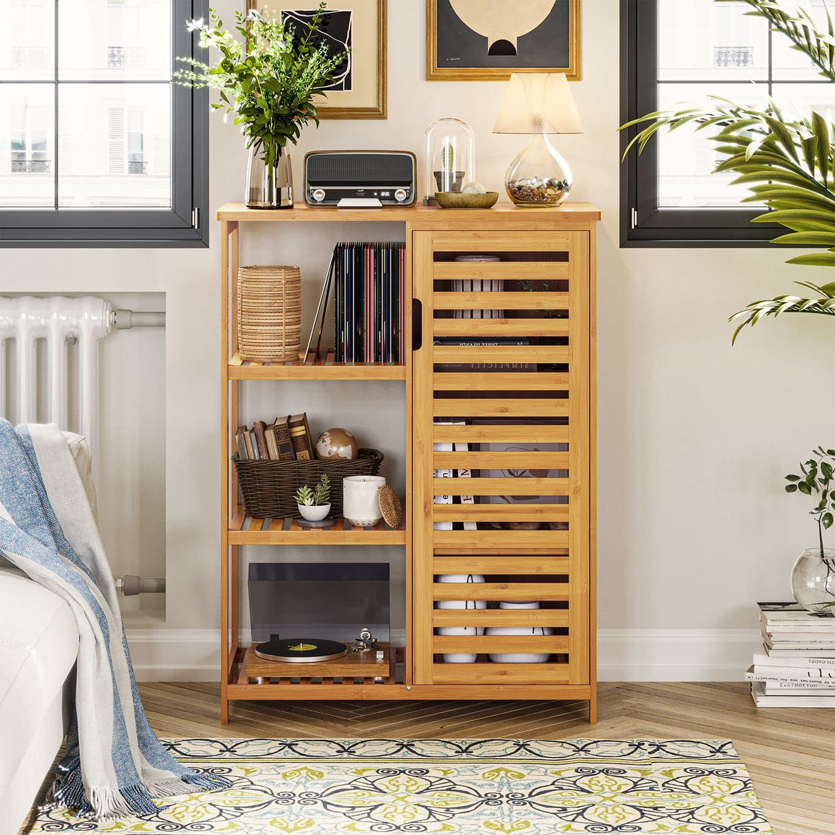Bathroom Cabinet Bamboo Storage Cabinet with Doors and 3 Side Shelves