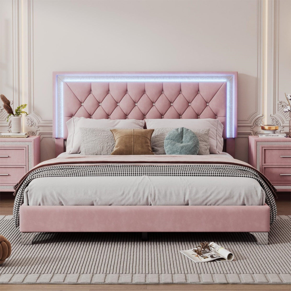 Queen Size Upholstered Bed Frame with LED Lights,Modern Velvet Platform Bed