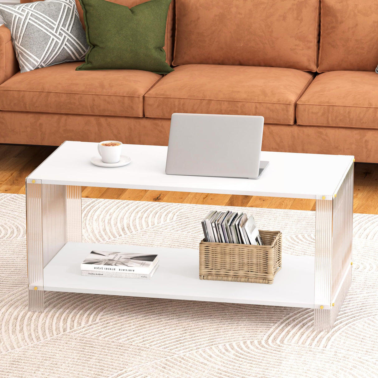 2-Tier White Coffee Table Modern, Small Wooden Coffee Table with Storage Shelf