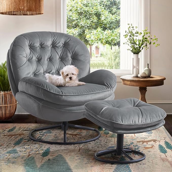 Accent Chair with Ottoman,Velvet Reading Chairs for Adults, Modern Upholstered Living Room Chairs,Oversized Comfy Chair for Bedroom,Lounge Chair,Purple