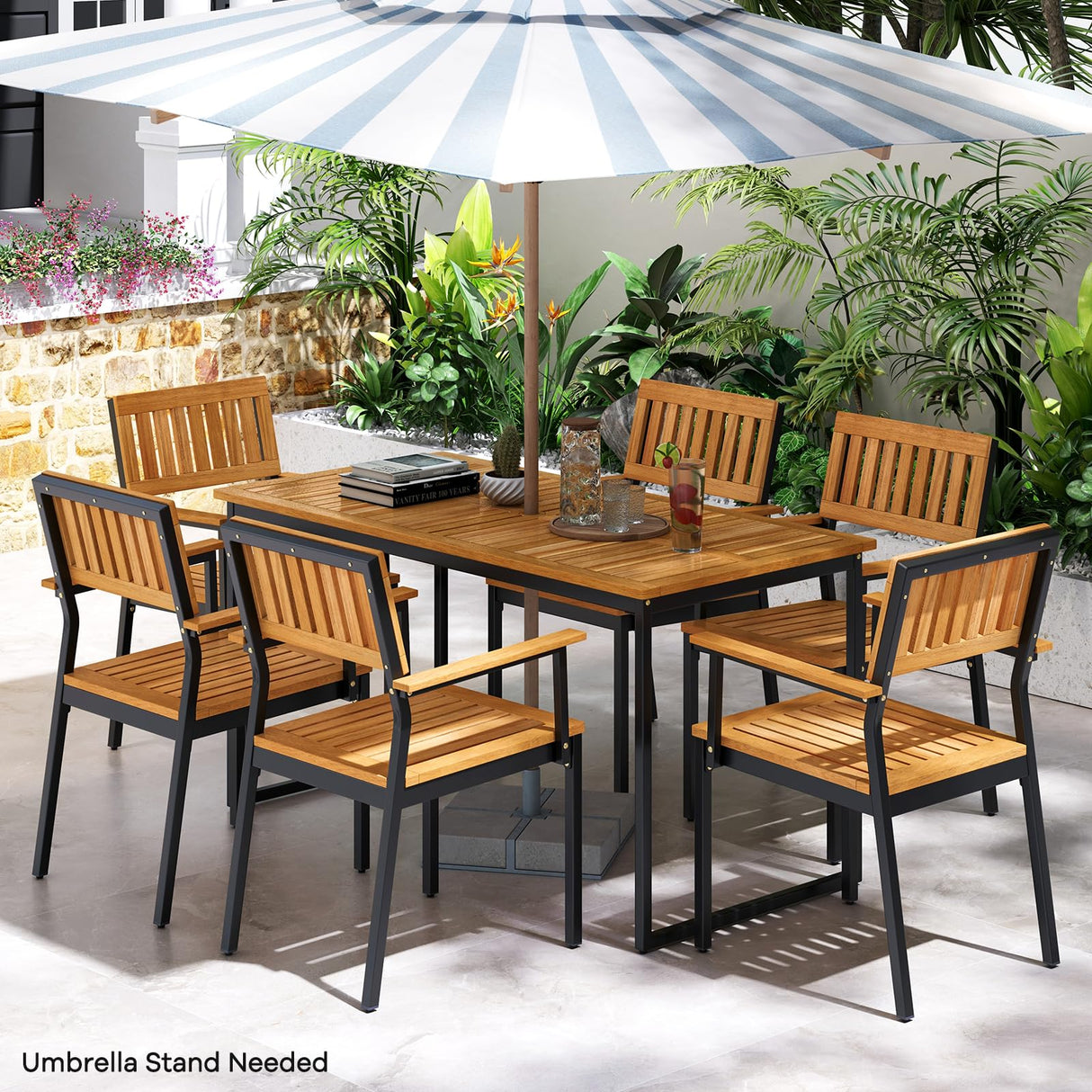 7 Piece Outdoor Dining Set for 6, Acacia Wood Rectangular Dining Table & 6 Armchairs