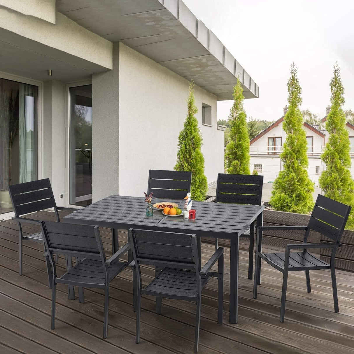 7 Piece Outdoor Dining Set, 60" x 36" Aluminum Patio Table and Chairs Set for 6