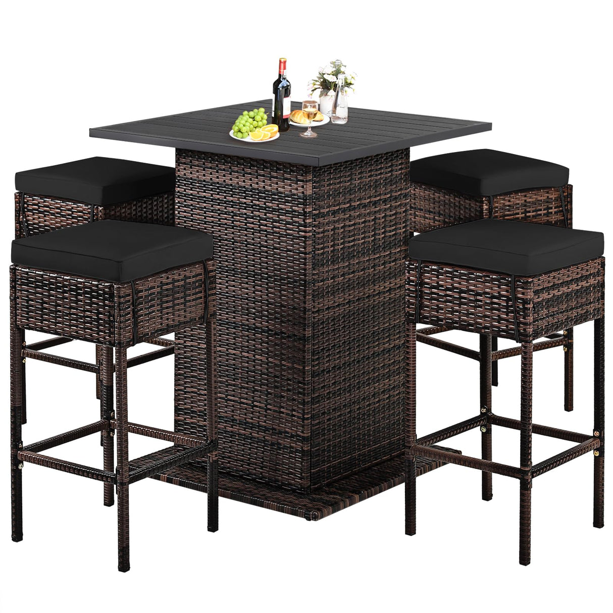 HAPPYGRILL 5 Pieces Rattan Bar Set, Outdoor Wicker Bar Table and 4 Bar Stools, Heavy-Duty Steel Frame, Patio Bar Furniture Set with Cushions, Black