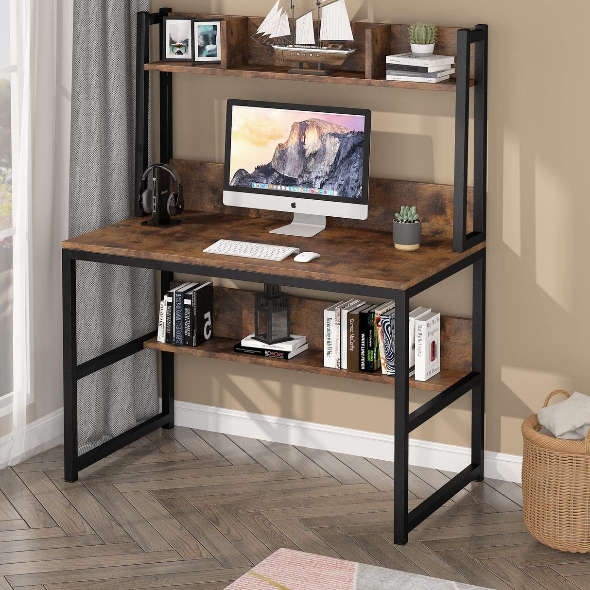 Computer Desk with Hutch, Wooden Small 42-inch Desk, Industrial Simple Office Desk with Storage Space for Home Office