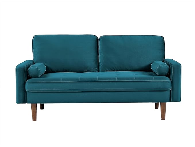 Velvet Tufted Mid-Century Loveseat Sofa with Bolster Pillows – 3 Colors