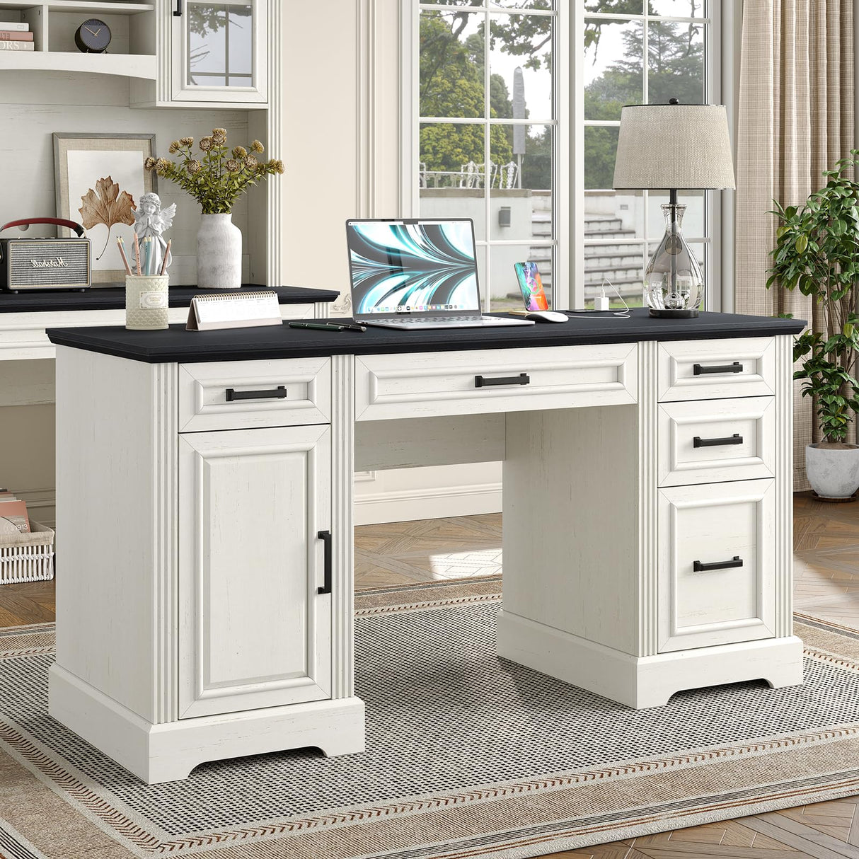 Executive Desk, Farmhouse Computer Desk with Drawers and Cabinet with Charging