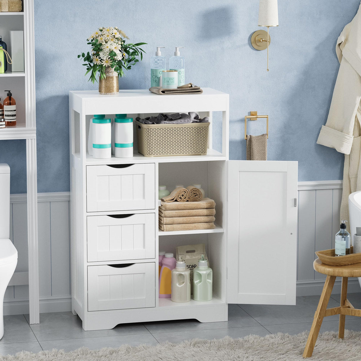 Bathroom Floor Cabinet, Wooden Free-Standing Storage Organizer