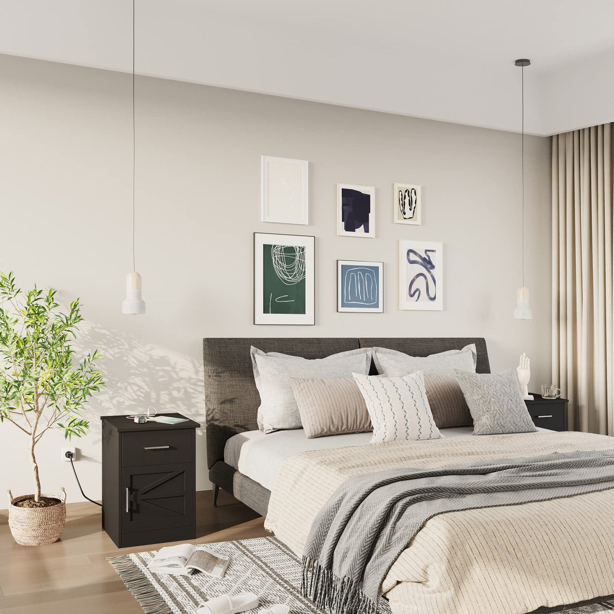 Set of 2 Nightstand with Charging Station and USB Ports & Power Outlets, Side Table