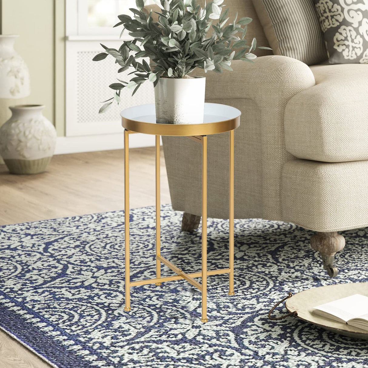Modern Round Side End Accent Table 25.7 inch Tall for Living Room (Gold, White Tray)