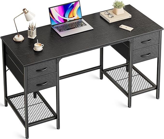 55 Inch Computer Desk with 4 Drawers, Office Desk with Mesh Shelf