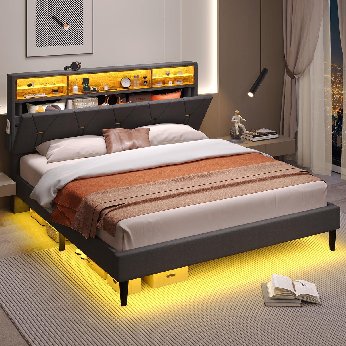 LED Full Bed Frame with Charging Station, Full Size Bed Frame