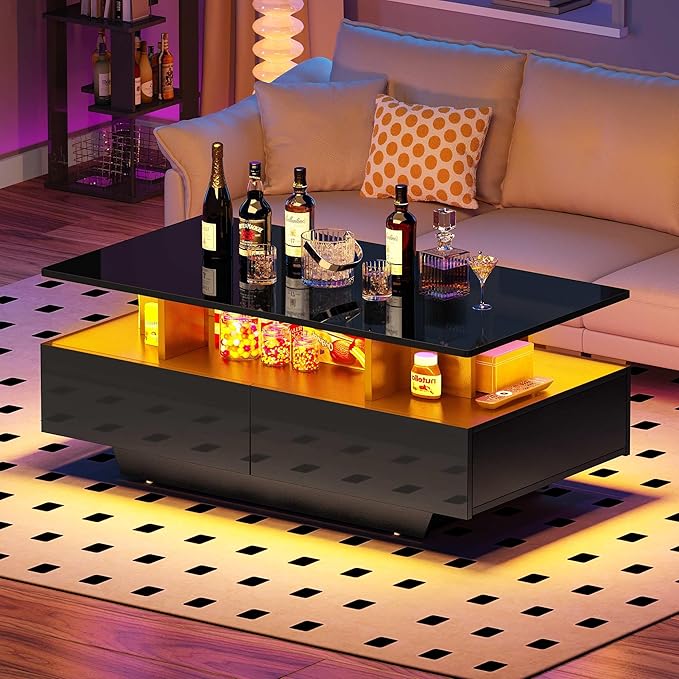 LED Coffee Table with Storage 4 Drawers, Modern High Glossy Coffee Tables