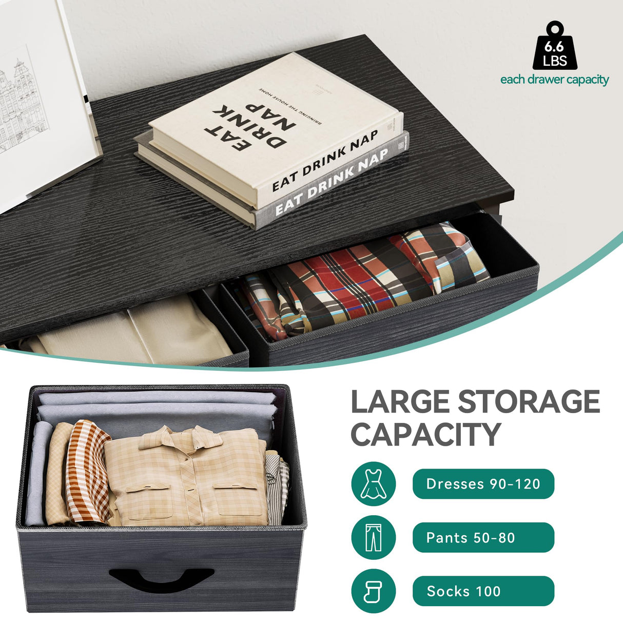 Dresser for Bedroom, Tall Dresser with 8 Drawers, Storage Tower with Fabric Bins,