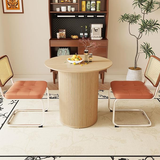 31.5" Round Dining Table for 2-4 People, Small Kitchen Dinner Table with Fluted Wood Base