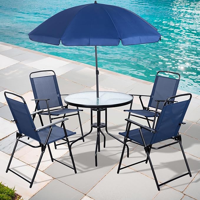 6 Piece Patio Dining Set with Umbrella, Outdoor Furniture Set with 4 Folding Chairs
