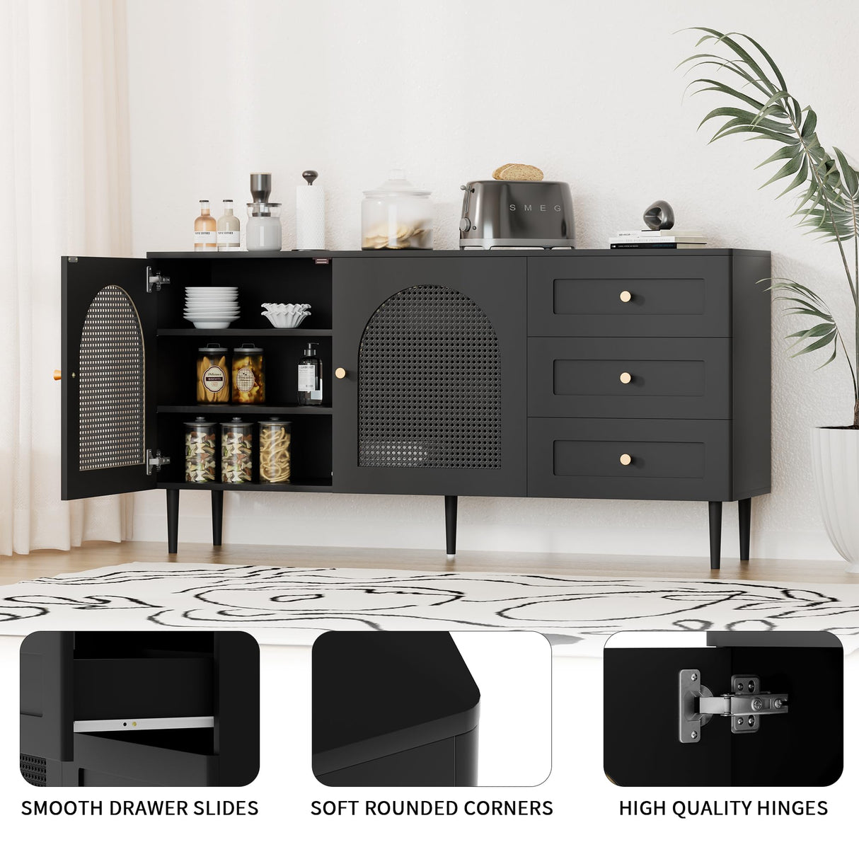 Modern Black Sideboard Buffet Cabinet with Storage & 3 Drawers, Console Table