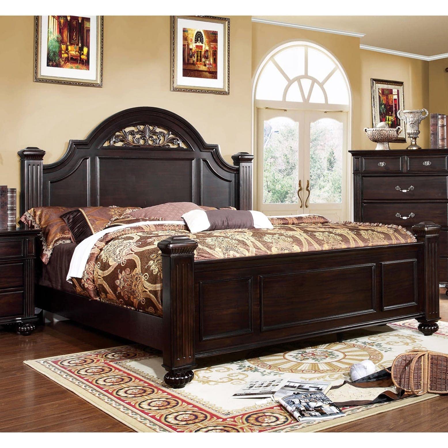 Malierd Fluted Poster King-Size Bedroom, Guest Room Bed, Dark Walnut Brown