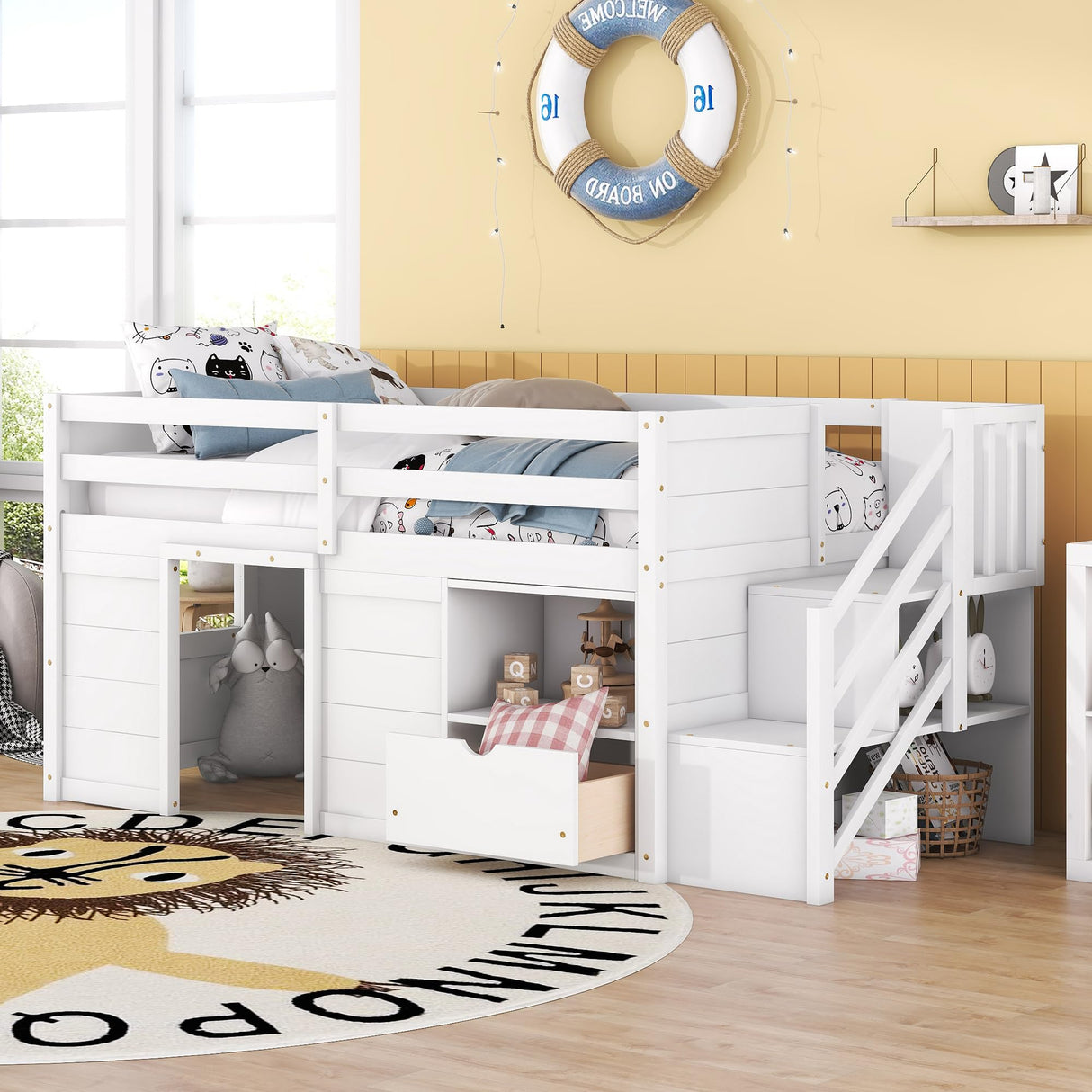 Twin Low Loft Bed with Stairs Storage, Drawer