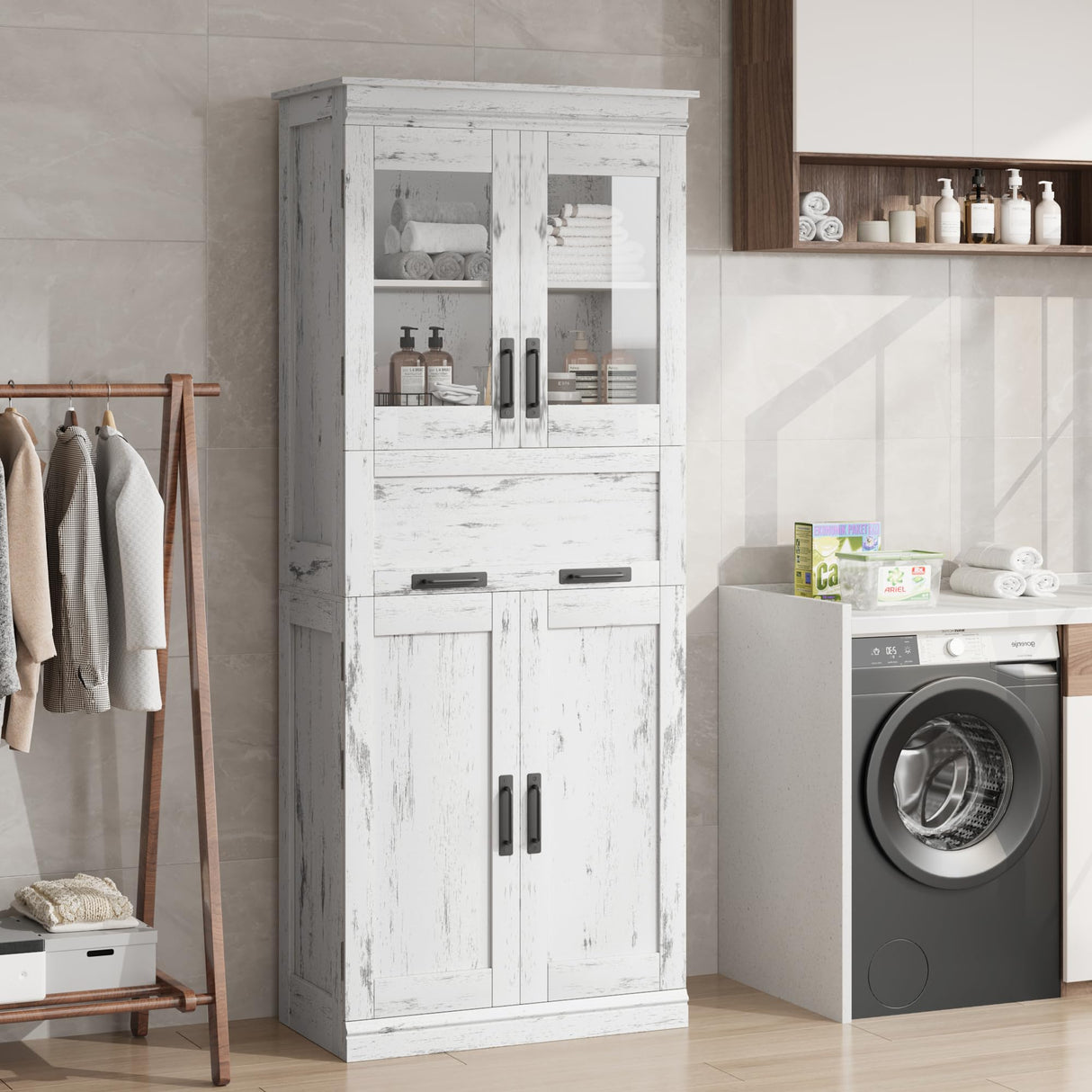 Bathroom Cabinet, Tall Storage Cabinet with Doors and Adjustable Shelf, Freestanding Floor