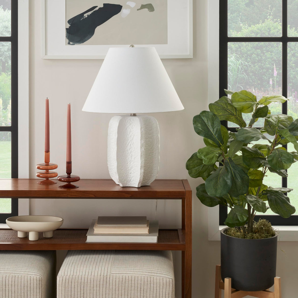 25" White Textured Ceramic Plaster Table Lamp for Bedroom, Living Room