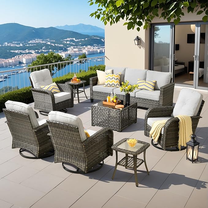 8 Pieces Patio Furniture Set Outdoor Wicker Conversation Sets with Swivel Rocking Chair