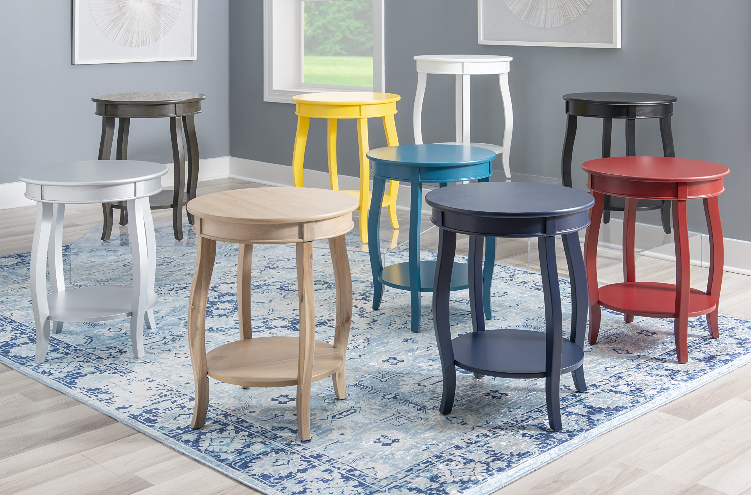 Phipps Navy Blue Round Side Table with Shapely Legs and Shelf