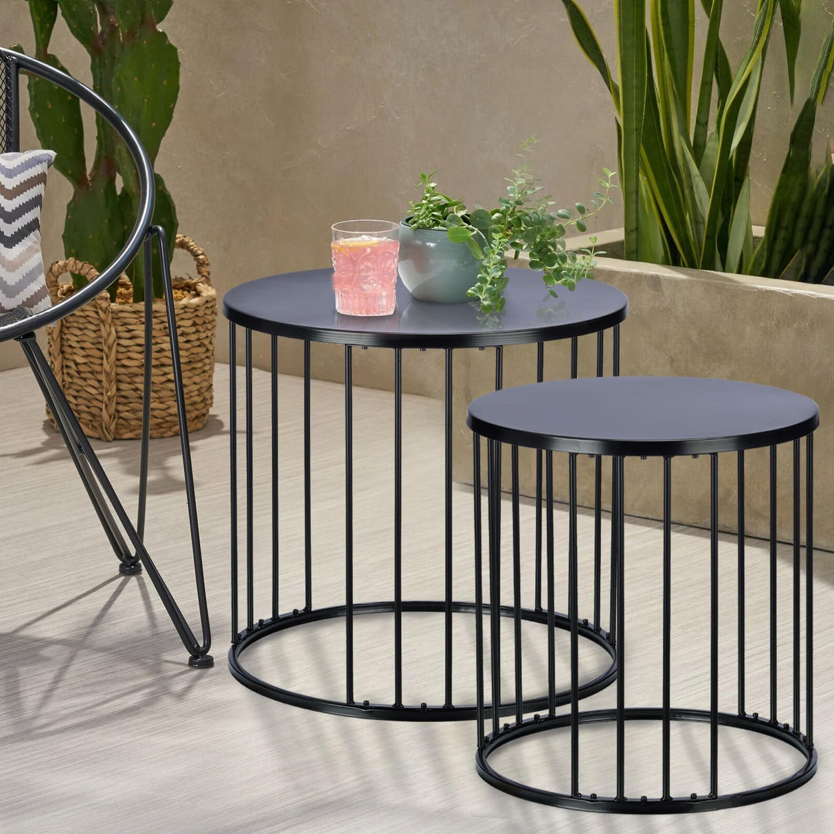 SUNNYPARK Outdoor Side Table Set of 2, Metal Circle Accent End Tables for Balcony Backyard Garden Indoor Living Room, Durable Black Nesting Coffee Tables, 20”+16” Dia - Bircata