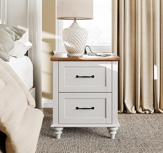 Nightstand Side Table with Charging Station, Light Wood End Table