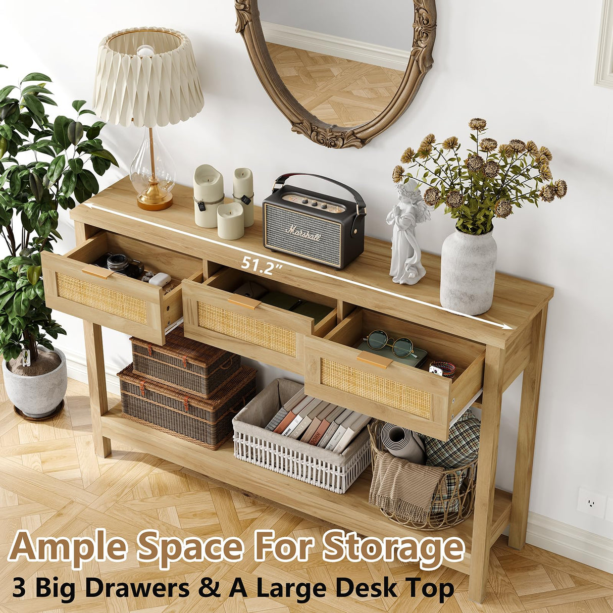 Rattan Console Table Boho Entryway Table Narrow Long Sofa Table Hallway Foyer Table Behind Couch Table with 3 Drawers and Open Storage Shelf for Living Room and Corridor Natural Wood