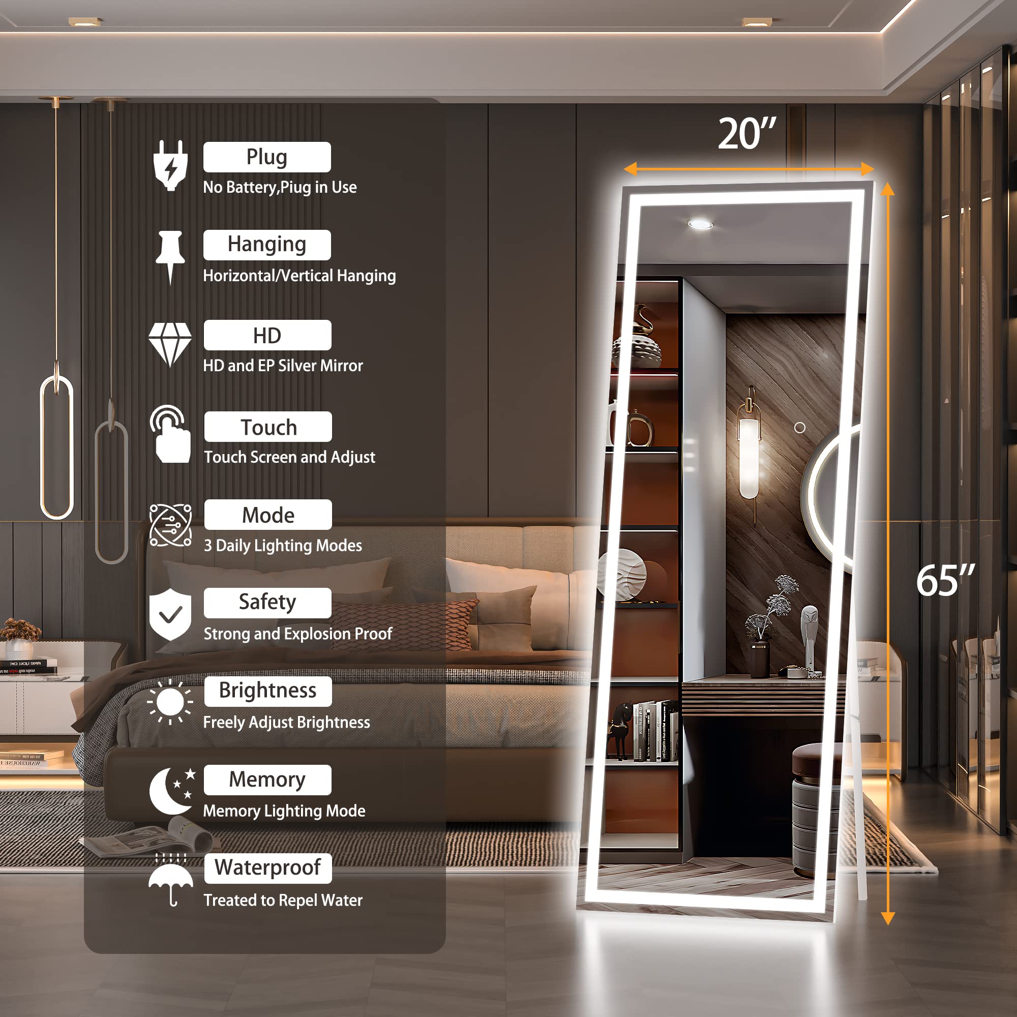 Full Length Mirror with Lights, 65" x 20" LED Floor Mirror, Full Body Dressing Standing