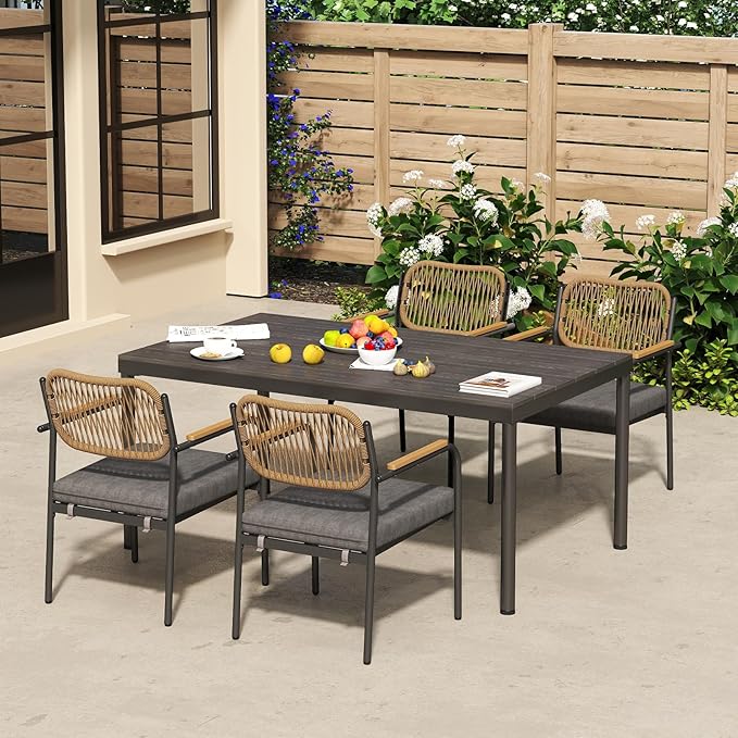 7 Pieces Patio Dining Set, Wicker Outdoor Dining Chairs with Rectangular Table