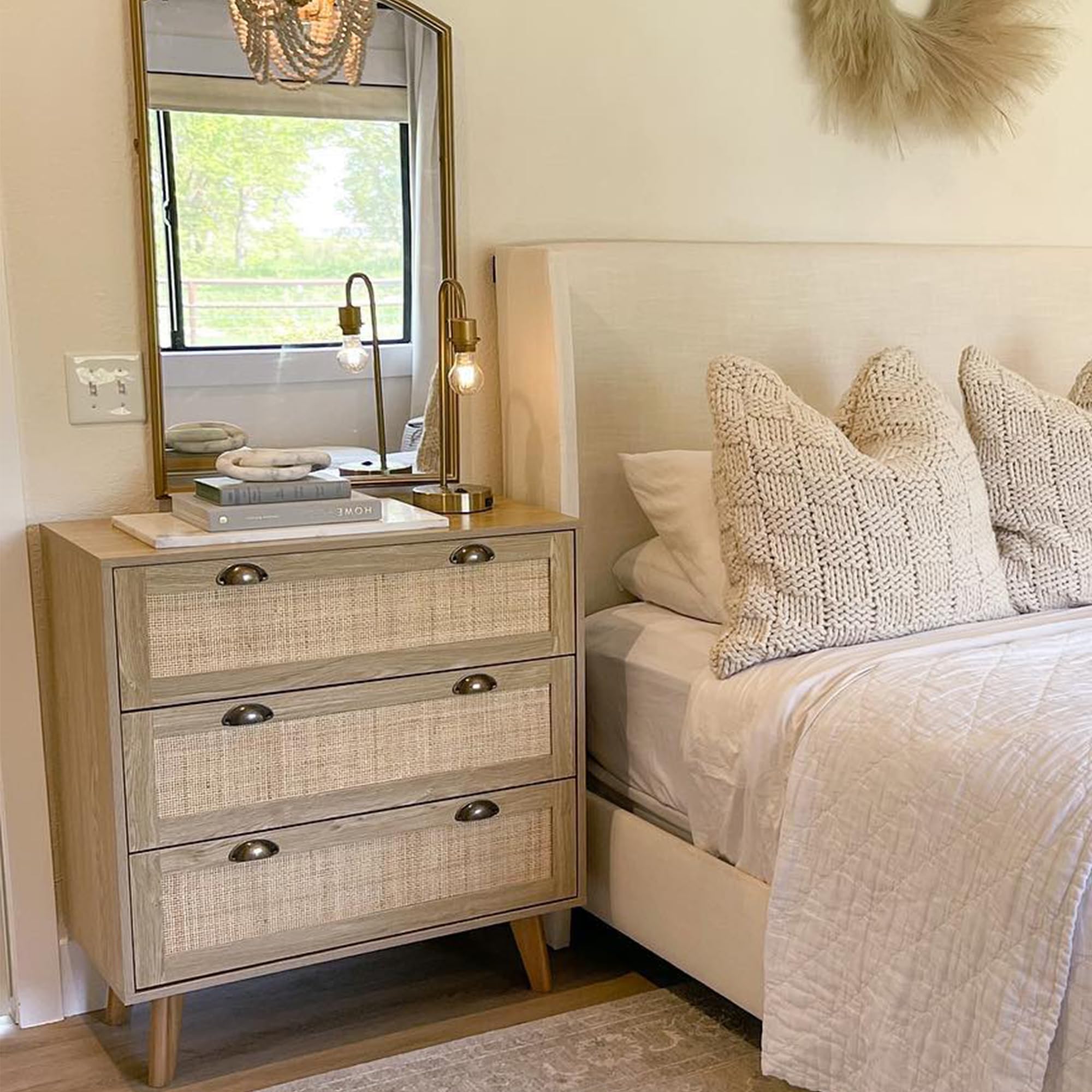 Rattan Nightstand Boho Cabinet Small Dresser