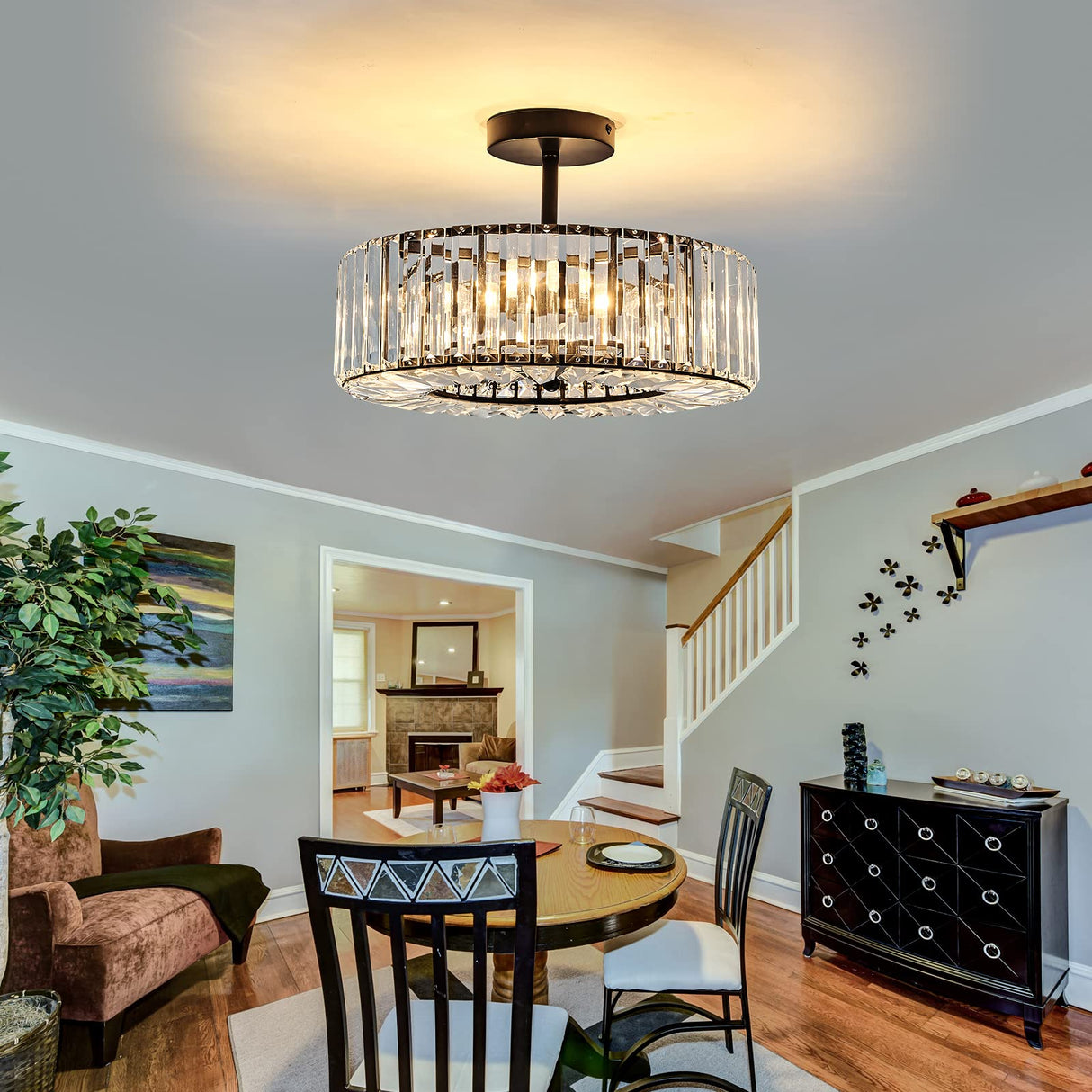 4 Lights Modern Crystal Chandelier Black Round Semi Flush Mount