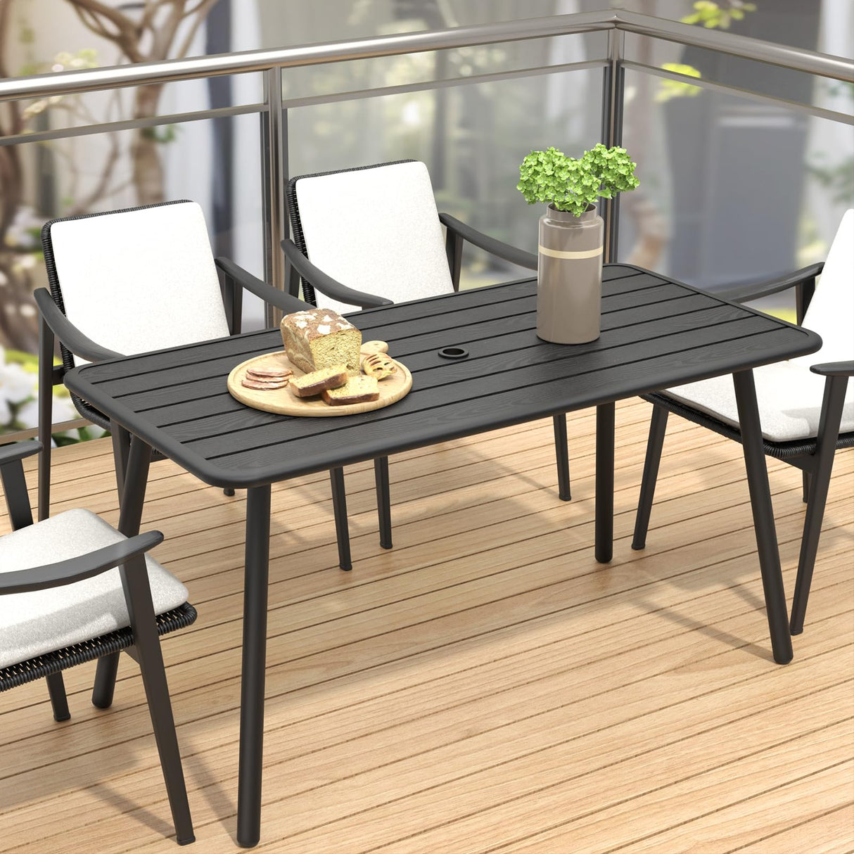 Rectangle Metal Outdoor Dining Table with Umbrella Hole - Black Patio Furniture