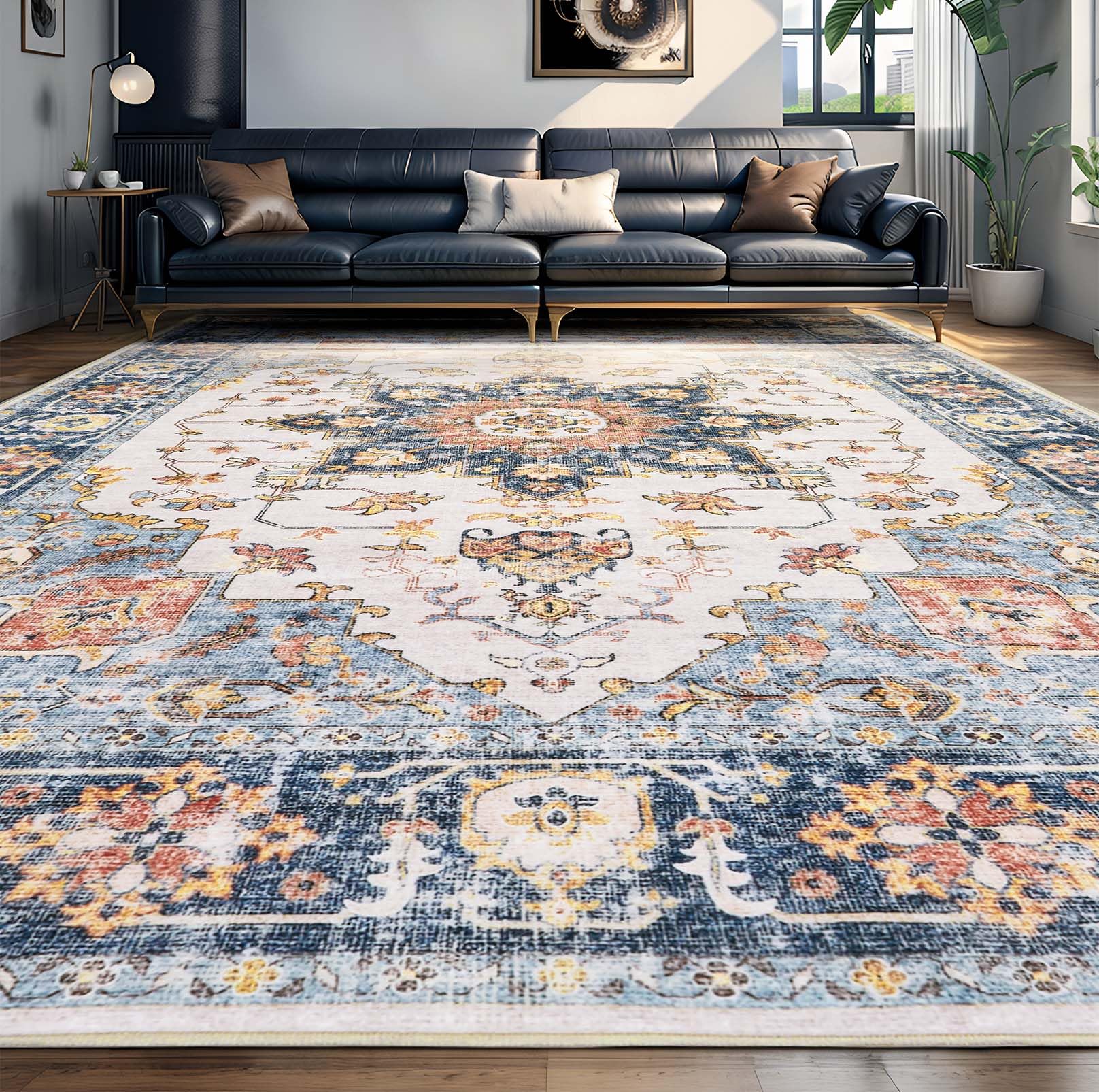 Vintage Living Room Area Rug 9x12 - Large Washable Soft Low-Pile Rugs