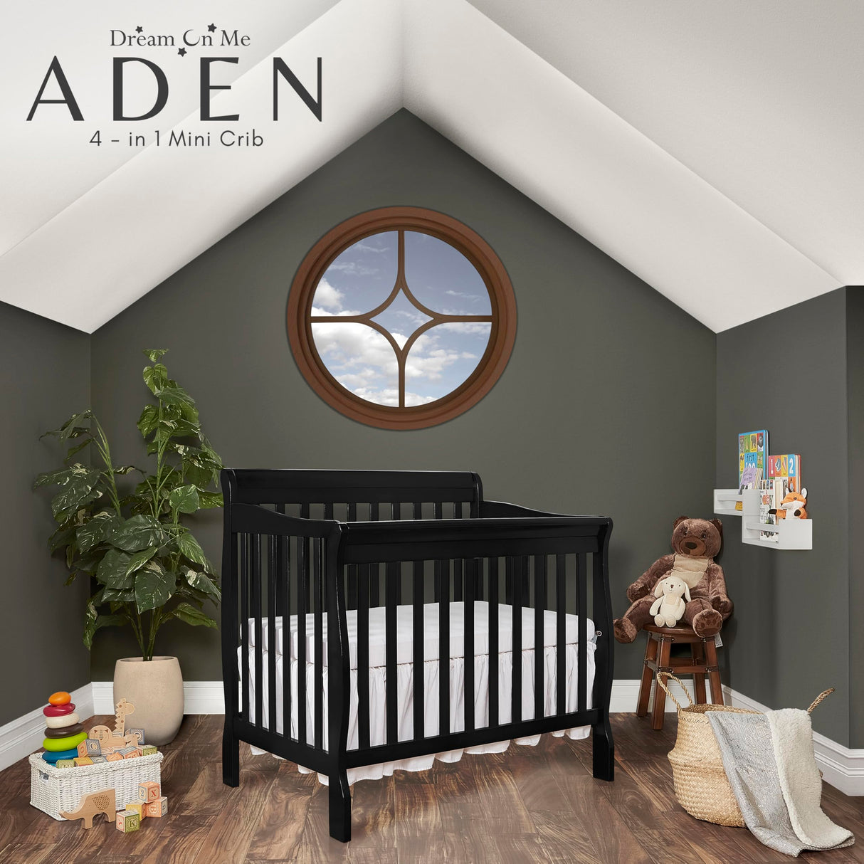 Aden 4-in-1 Convertible Mini Crib In Black, Greenguard Gold Certified, Non-Toxic Finish