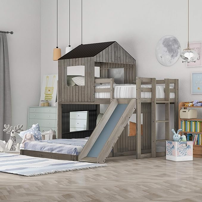 Wood House Loft Bunk Bed with Slide for Kids Toddler, Farmhouse Style Low Bunk Beds