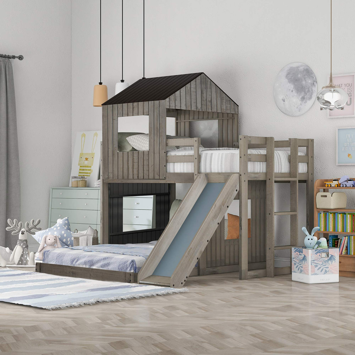 Wood House Loft Bunk Bed with Slide for Kids Toddler, Farmhouse Style Low Bunk Beds