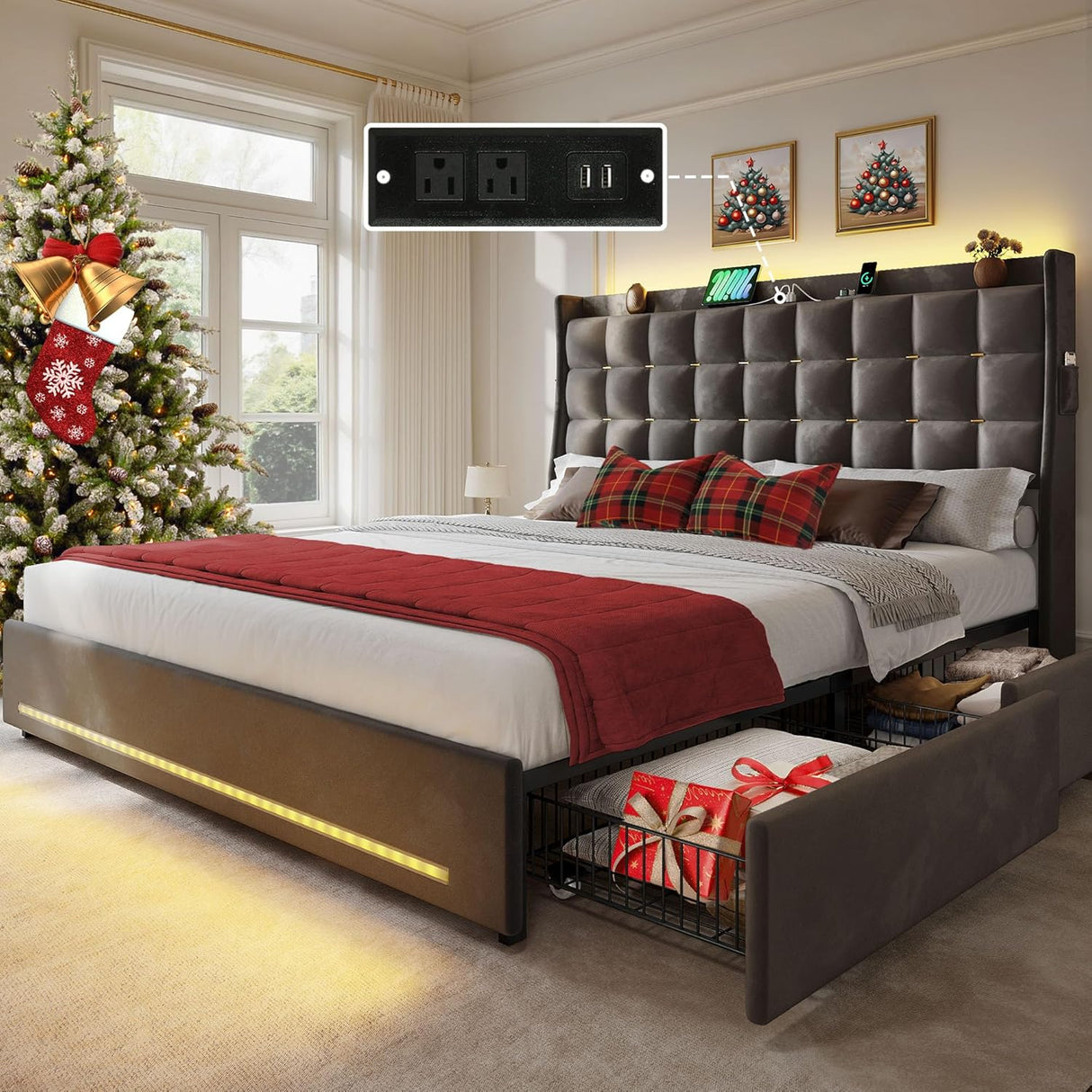King Size Velvet Platform Bed Frame with LED Lights & Storage Drawers