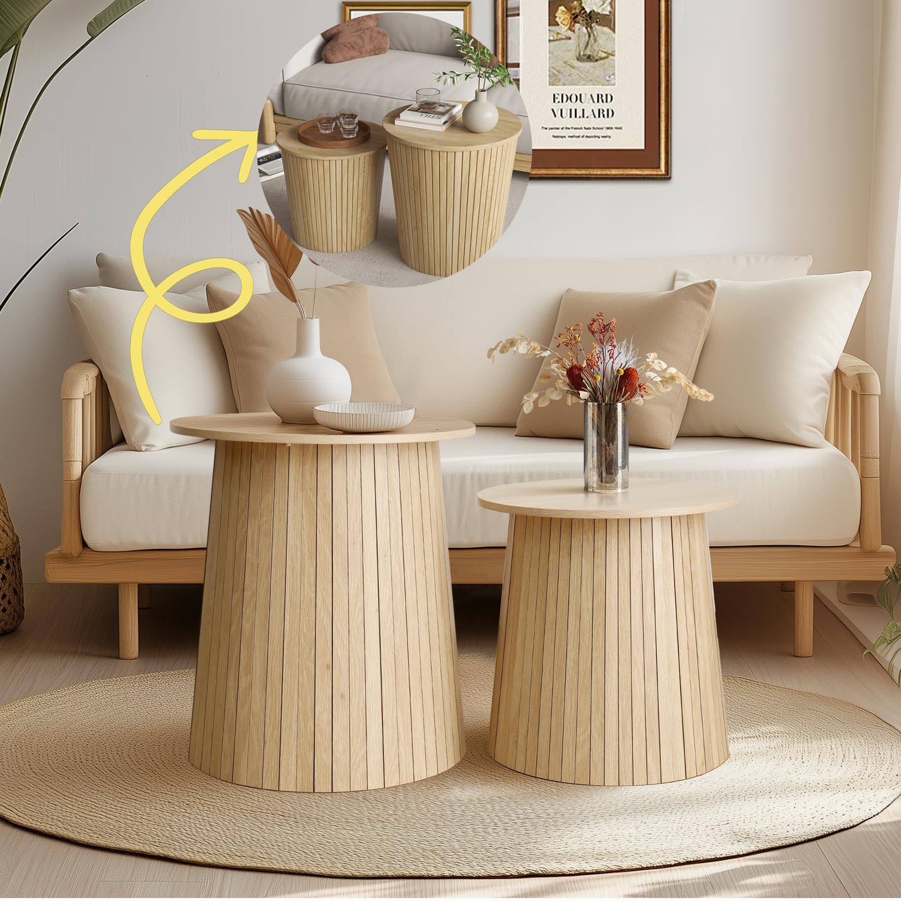 Nesting Coffee Table Set of 2, Round End Table with Storage, Farmhouse Side Table