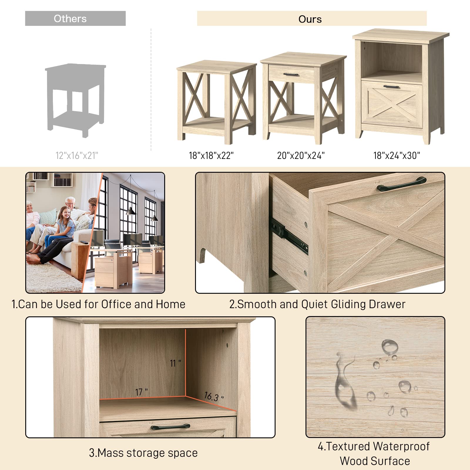 30" Tall Nightstand for King & Queen Bed - FSC-Certified Wood Large Bedside Table