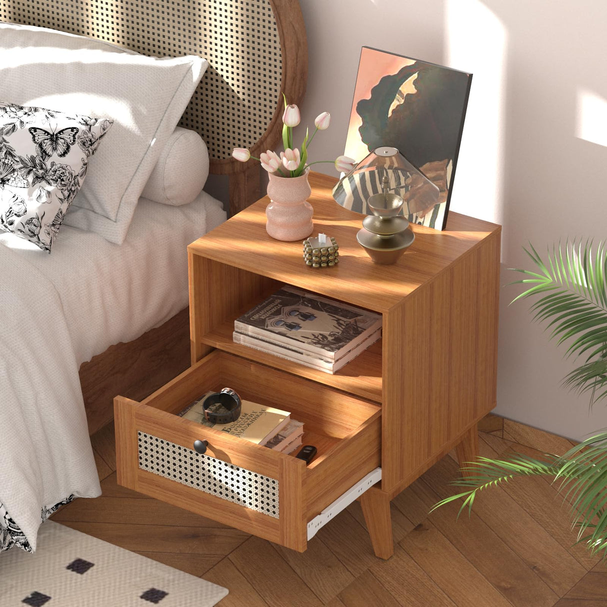 Nightstand Set of 2, Bedside Table with Rattan Drawer and Solid Wood Feet