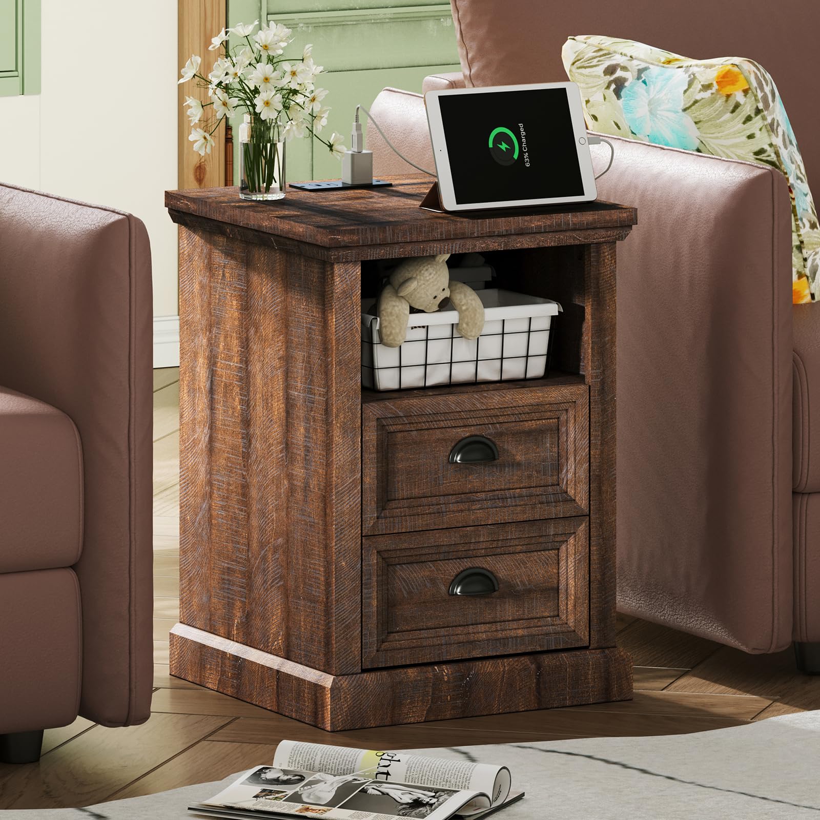 Farmhouse End Table with Charging Station, Nightstand