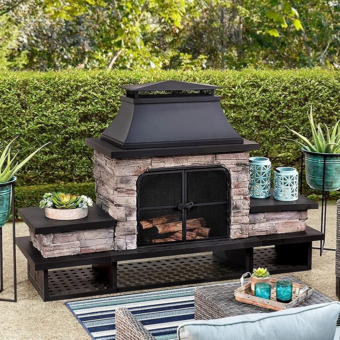 Outdoor Fireplace, Patio Wood Burning Fireplace with Steel Chimney