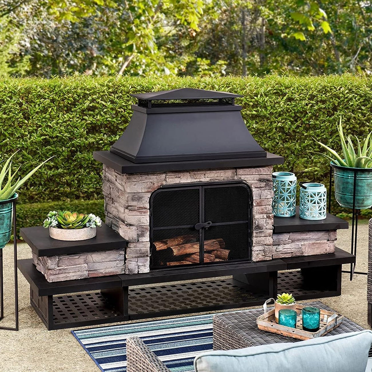 Outdoor Fireplace, Patio Wood Burning Fireplace with Steel Chimney