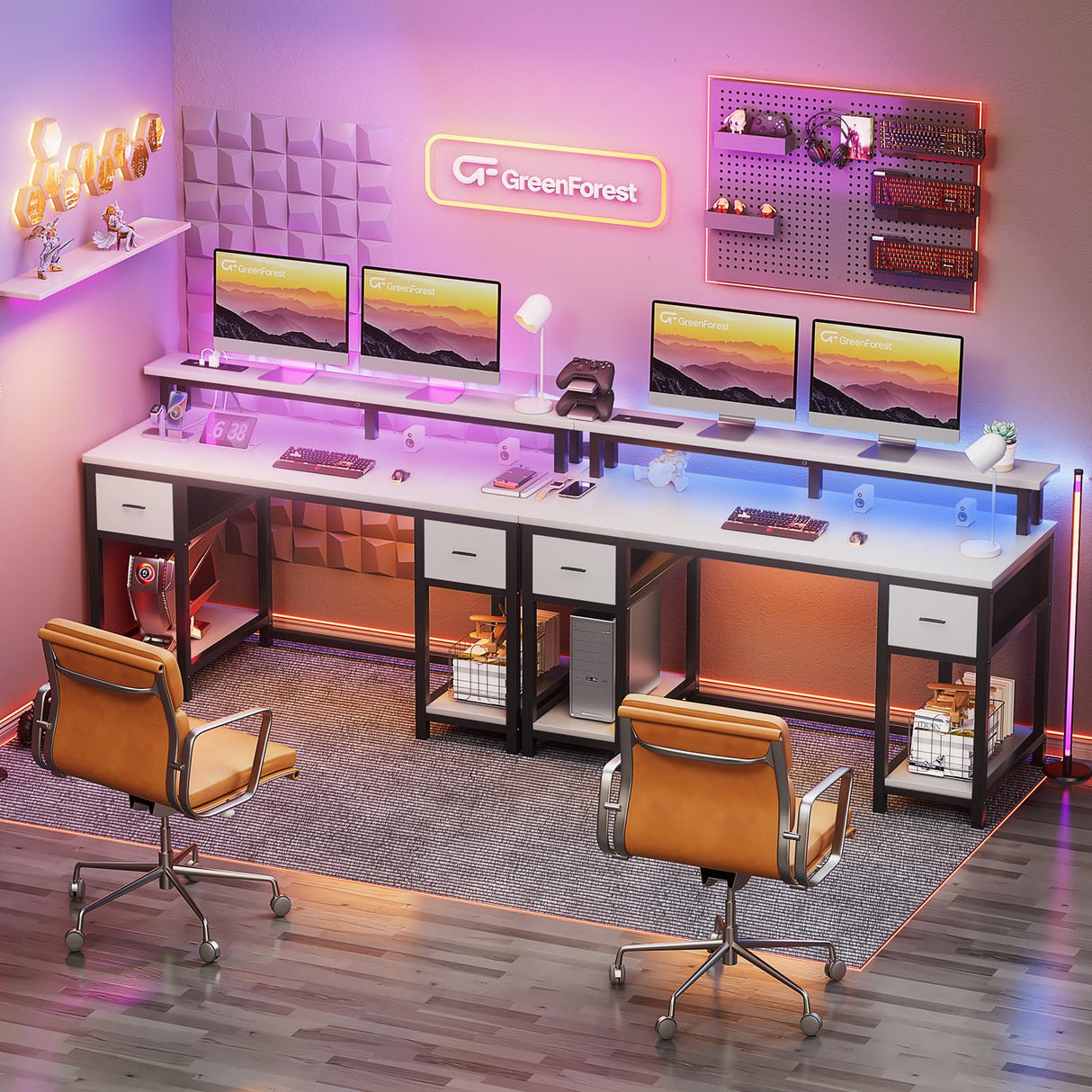 Computer Desk 50 Inch with Monitor Stand and LED Lights, Gaming Desk with 2 Fabric Drawers and Power Outlets